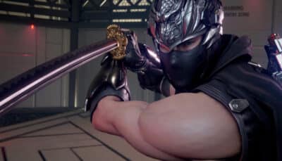 Armored warrior with intricate helmet and mask wields a katana in Ninja Gaiden 4