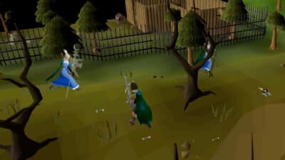 picture of old school runescape characters on a field by a tree.
