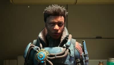 Tristan from The Outer Worlds 2 wearing futuristic armor and looking directly at the camera
