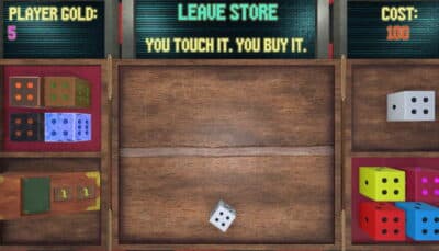 Pair-A-Dice store interface with a wooden shelf displaying colorful dice. Player gold is 5. Item cost is 100