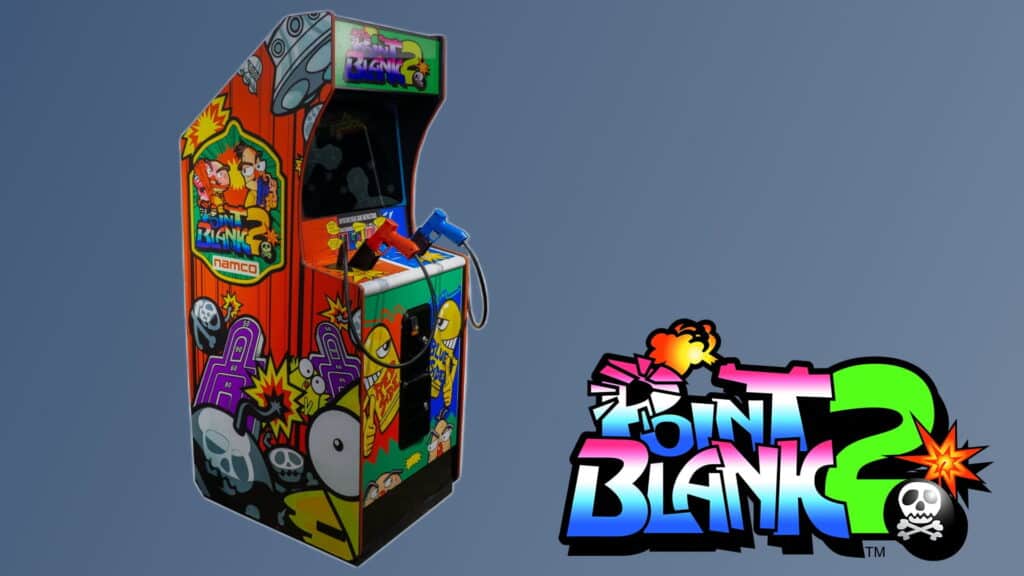 Namco Point Blank 2 arcade cabinet with colorful art and dual lightgun setup representing classic shooter gameplay