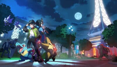 Anime-style image of two trainers with Pokémon, standing in a moonlit park with street lamps