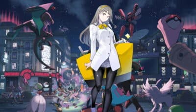 Pokémon Legends: Z-A's character surrounded by dynamic creature battles in a vibrant cityscape at night