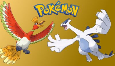 Official Pokémon artwork showing Ho-Oh and Lugia facing each other on a golden background with the Pokémon logo above them.