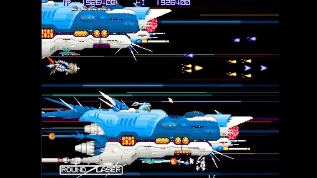 Spaceship shooting enemies in R-Type classic arcade shooter