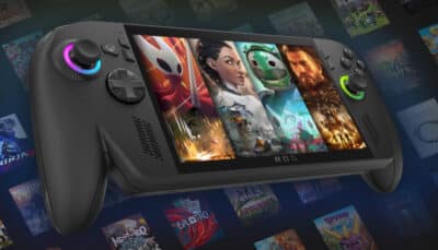 Close-up of the Asus ROG Xbox Ally handheld gaming PC displaying Xbox Game Pass titles on screen
