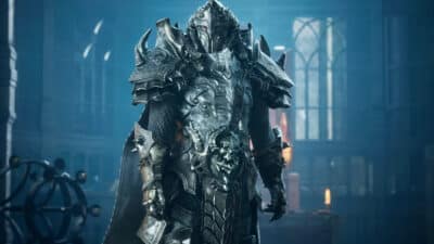 Picture of a clad fantasy knight inside a temple.