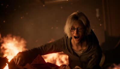 Grace Ashcroft from Resident Evil Requiem screaming amid fire and chaos