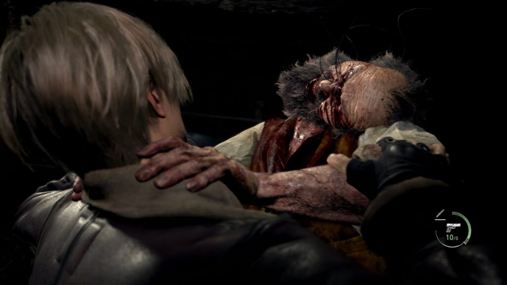 Leon struggles with an infected villager during a close combat encounter in Resident Evil