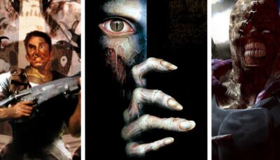 Artwork showing the original Resident Evil trilogy covers — Chris Redfield from Resident Evil 1, the iconic eye and claw from Resident Evil 2, and Nemesis from Resident Evil 3.