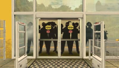 Silhouetted figures press against the glass doors in The Convenience Store, embodying the creeping dread of retail horror