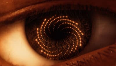 A glowing spiral reflects in an eye during a surreal scene in SAROS