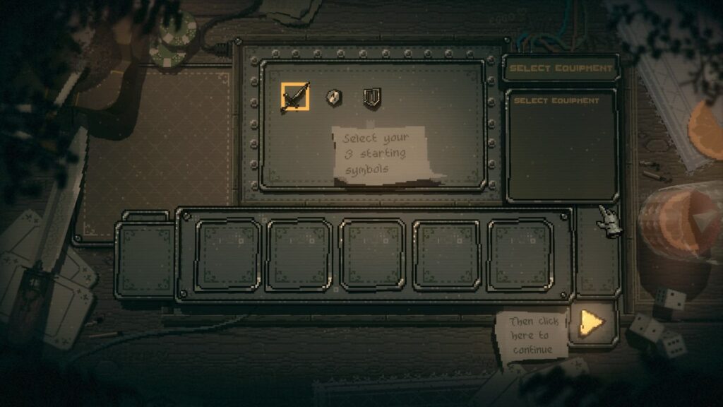 Player selects starting symbols like dagger, coin, and shield in Slots and Daggers setup screen