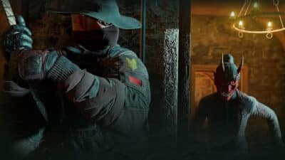Picture of Rainbow Six Siege characters in the Halloween event in a spooky corridor and demon mask on.