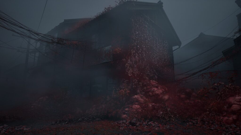 A fog-covered street with a decaying house overrun by red vines and fleshy growths in Silent Hill f