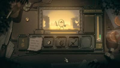 Battle screen in Slots and Daggers showing a pixelated warrior fighting at sunset