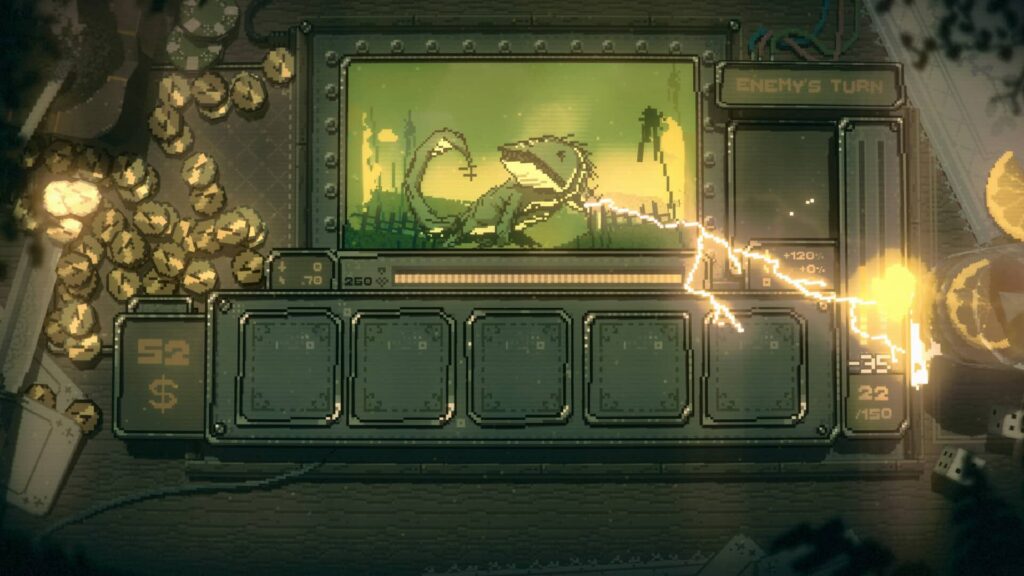 A pixelated battle scene from Slots and Daggers showing a giant lizard enemy attacking with electric sparks during the enemy’s turn.