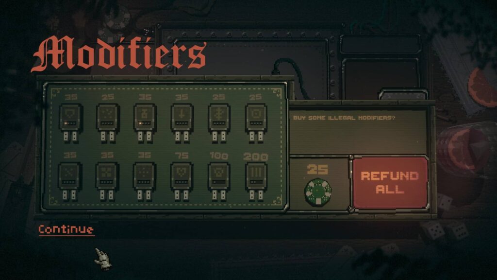 A pixel art modifiers upgrade screen from Slots and Daggers showing different plug-in upgrades and a large red “Refund All” button.