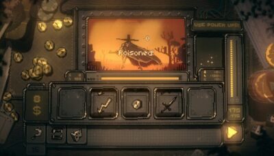 A pixelated battle screen from Slots and Daggers showing a cloaked enemy labeled “Poisoned” against a sunset background with player slots and coins visible.