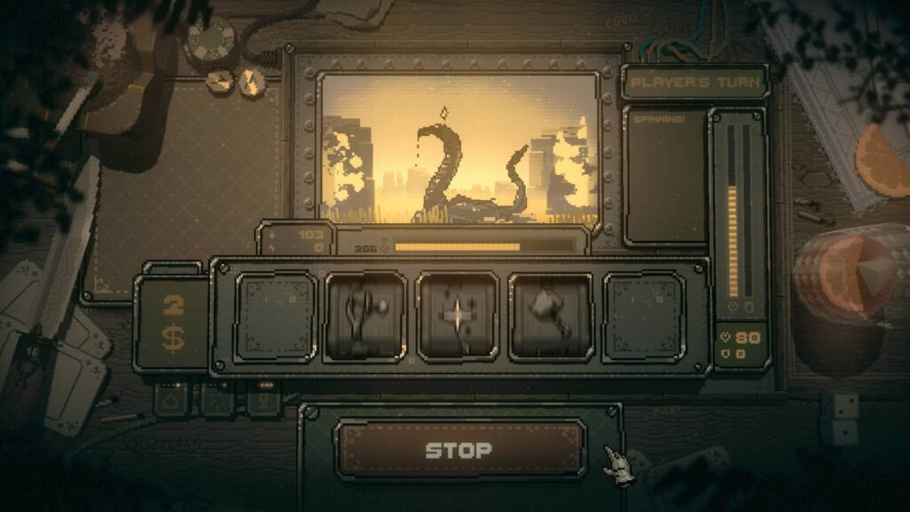 A pixelated slot machine battle screen from Slots and Daggers showing spinning reels and a tentacle monster in the background.
