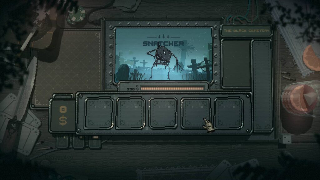 A pixelated screen from Slots and Daggers showing the monster Snatcher in the Black Cemetery with eerie tombstones in the background.