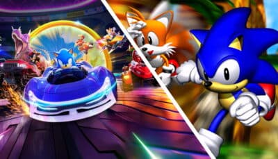 Sonic and friends from Sonic Racing: CrossWorlds alongside classic Sonic R artwork