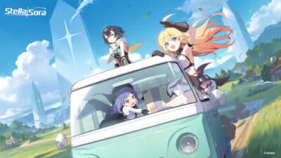 Anime women in Stella Sora driving through the country in a VW Camper looking thing.