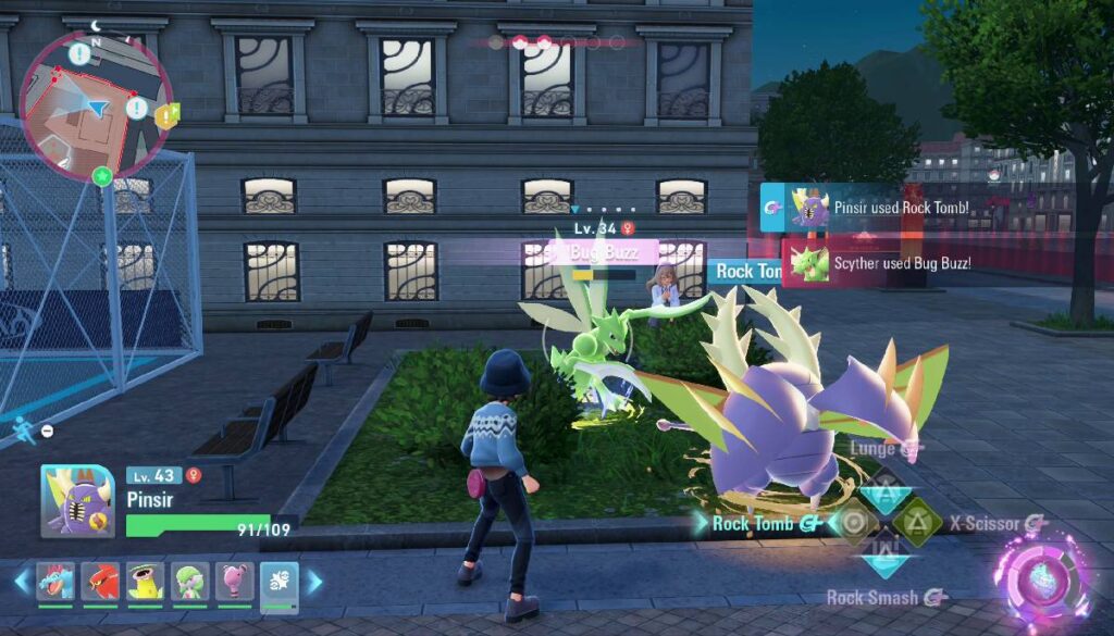Pokémon Legends: Z-A scene at night shows a character in a blue hoodie facing two colorful, battling creatures