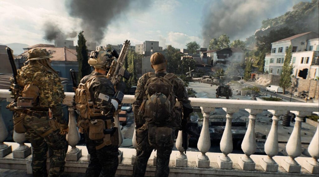 Soldiers surveying a war-torn city in Battlefield 6 from a damaged balcony