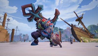 A large armored warrior with a massive axe battles on a beach in Fellowship, with a shipwreck and enemies in the background