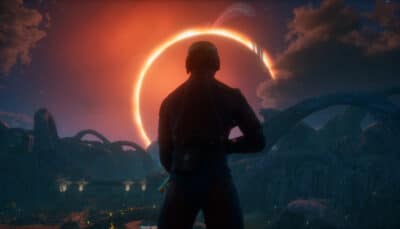 A lone explorer watches a glowing eclipse over an alien landscape in The Outer Worlds 2