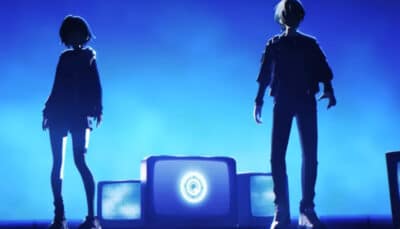 Silhouetted Zenless Zone Zero characters stand before glowing TV screens on a blue background