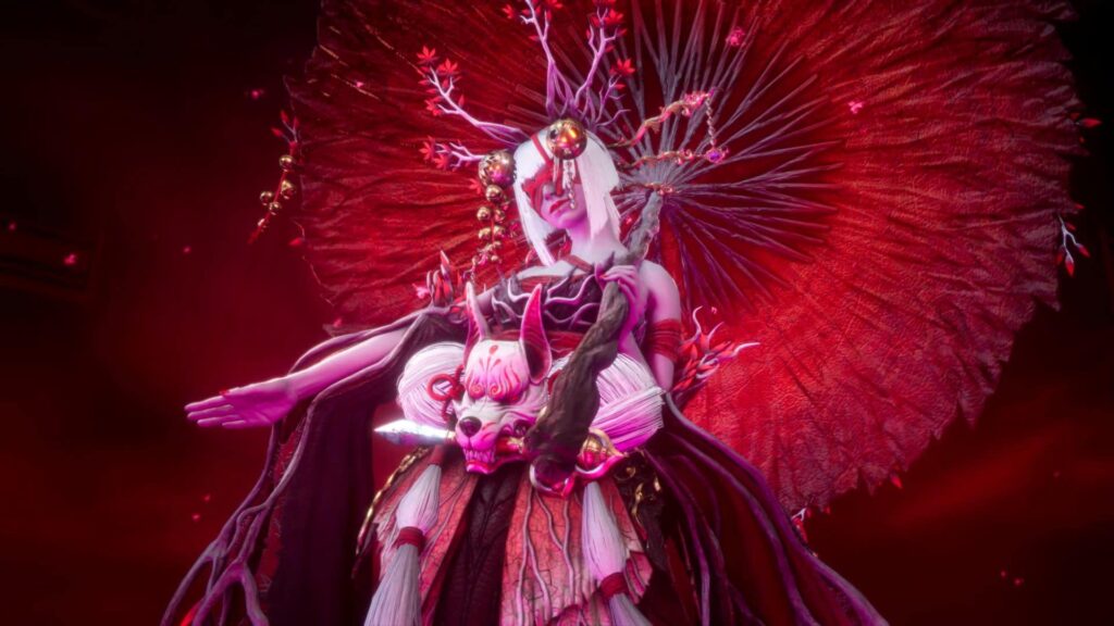 A demonic boss with a fox mask and ornate red headdress looms menacingly in Ninja Gaiden 4