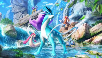 Suicune standing proudly in a waterfall scene surrounded by Entei, Raikou, and other Pokémon in a lush mountain landscape.