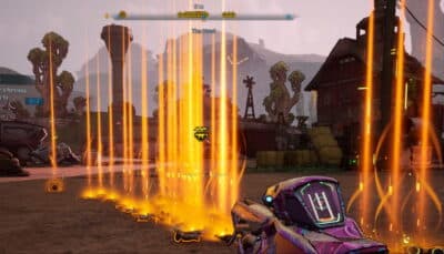 Orange legendary loot beams on the ground after a boss fight