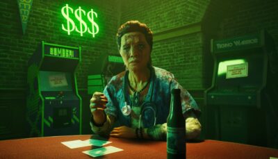 A bloodstained vampire sits at a neon-lit bar table with arcade machines behind them in Vampire: The Masquerade – Bloodlines 2.