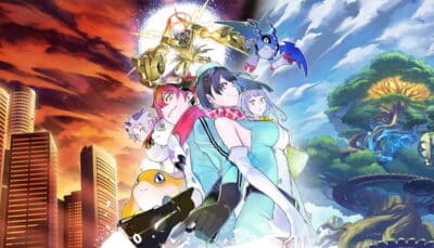 Split image with Digimon characters and creatures, blending an urban sunset skyline on the left with a vibrant, mystical forest
