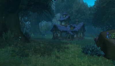 WoW game scene with cottage-like house with a purple roof