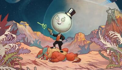 The Outer Worlds 2 cover art with cartoon moon character