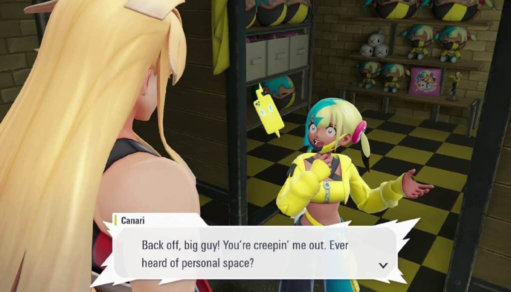 Pokémon Legends: Z-A character confronts a surprised woman with colorful hair in a room with stuffed toys, saying, "Back off, big guy!"