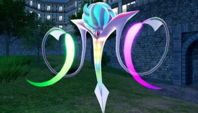 A glowing Pokémon appears during a night battle in Pokémon Legends Z-A near Lumiose City