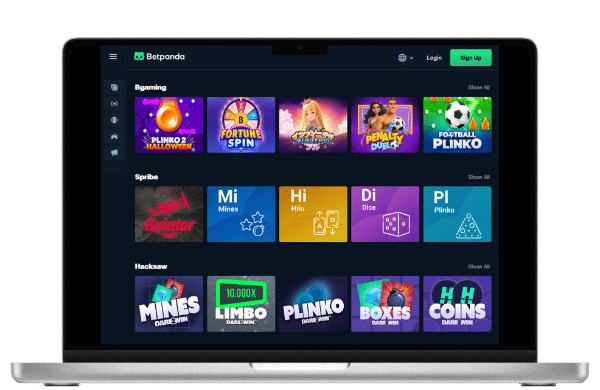 The BetPanda (an Aviator casino) sign up page featuring game listings from BGaming, Spribe and Hacksaw.