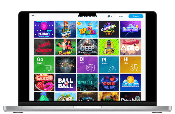 Cryptorino casino games page featuring popular crash titles including Aviator.
