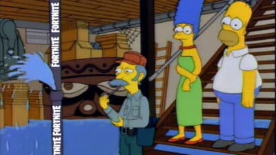 marge and homer simpson looking at a leak in their basement with the fortnite logo on a pipe