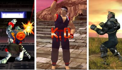 A three-panel collage shows classic fighting game characters in action, highlighting retro battles that fit the MK Legacy Kollection theme