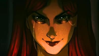 Illustration of a Livber: Smoke and Mirrors character with red hair, sinister grin, and glowing eyes