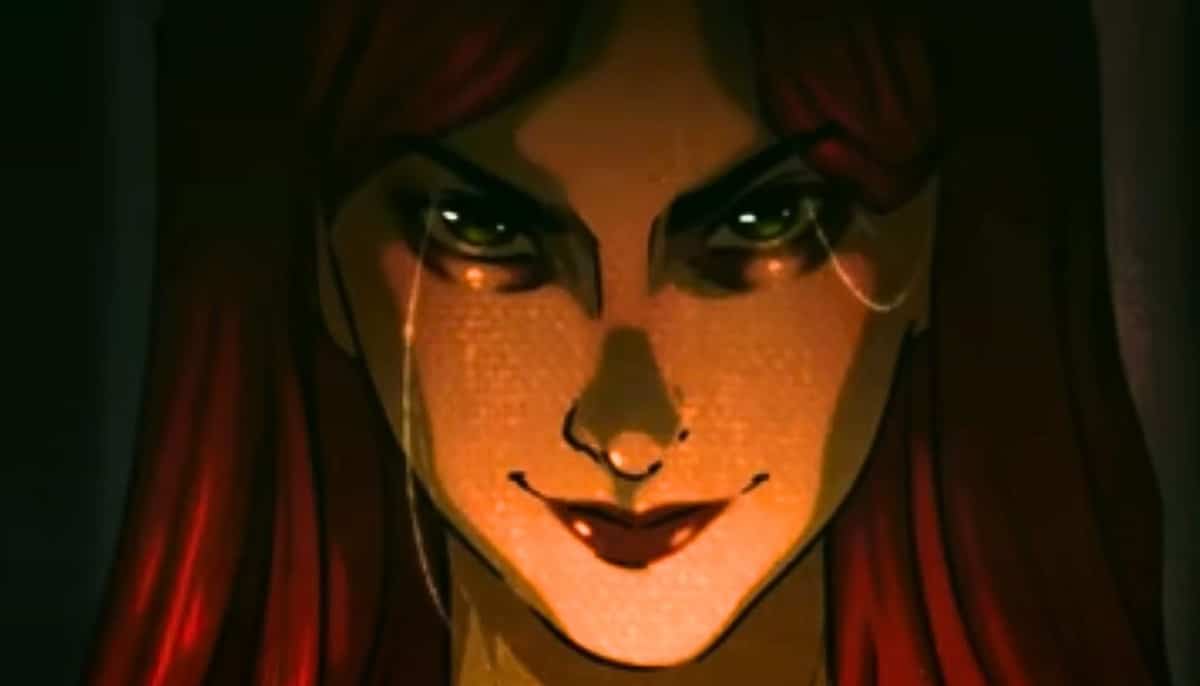 Illustration of a Livber: Smoke and Mirrors character with red hair, sinister grin, and glowing eyes