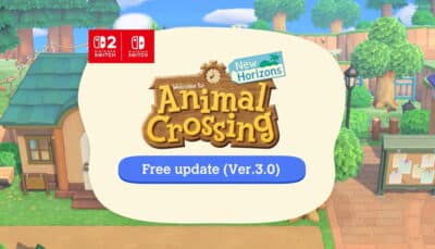 The Animal Crossing: New Horizons update screen shows the game logo and a banner announcing the free Version 3.0 update against a bright village backdrop