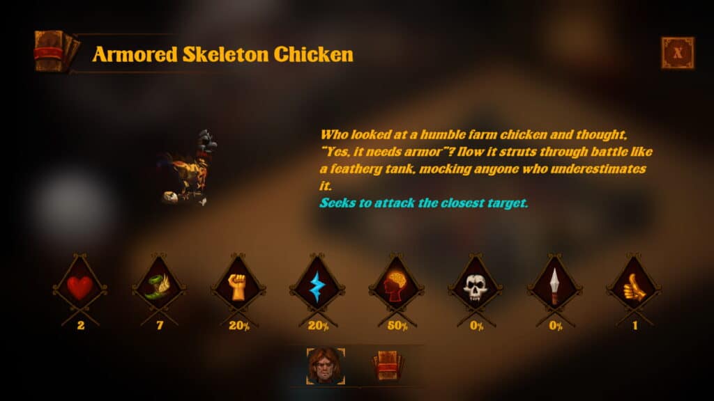Enemy profile screen of the Armored Skeleton Chicken from Dark Quest 4 showing stats and humorous description