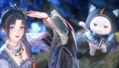 A close-up of a smiling female character with shimmering blue eyes and ornate jewelry from Infinity Nikki, accompanied by a small cat-like creature in a blue hooded outfit.